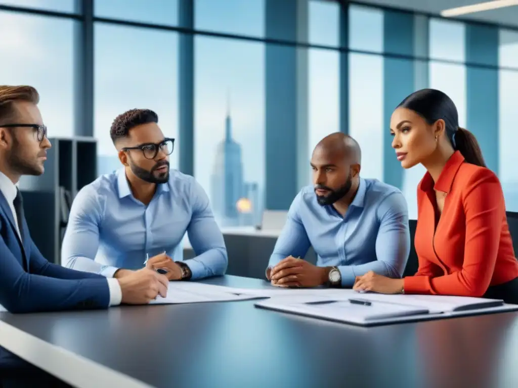 Profesionales analizan extensión de préstamos hipotecarios en oficina moderna Profesionales analizan extensiones plazo hipotecas deuda en moderna oficina