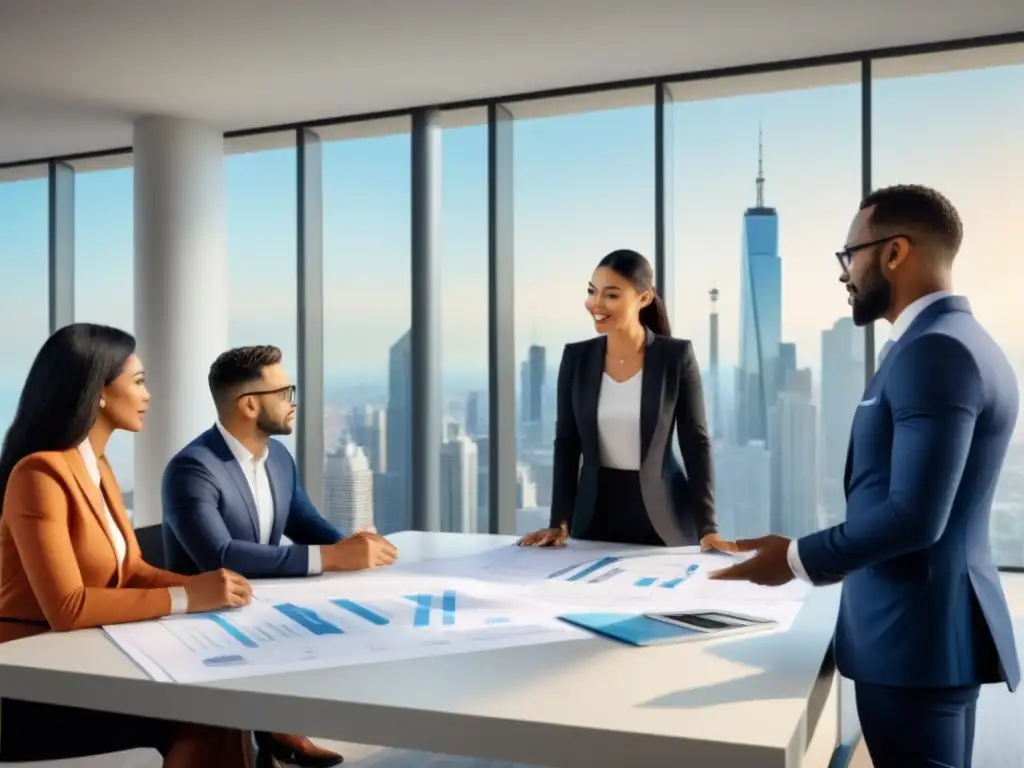 Inversión inmobiliaria: reunión de profesionales en oficina contemporánea Profesionales y familias diversidad hablan de invertir en inmuebles en oficina moderna