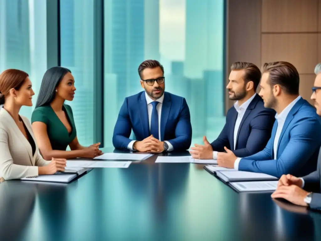 Profesionales expertos en reunión: colaboración y modernidad Profesionales discuten financiamiento para propiedades en remate en moderna oficina