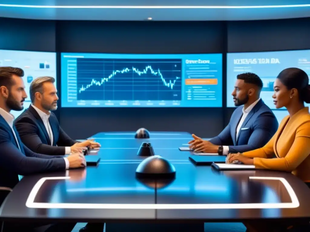 Profesionales financieros en mesa futurista con datos en tiempo real Profesionales financieros discuten estrategias en sala futurista