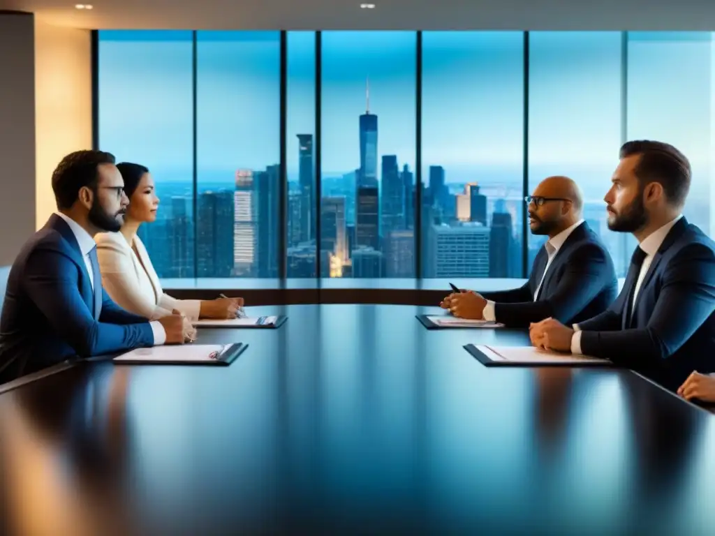 Inversores profesionales en mesa de conferencias Profesionales de fondos de inversión inmobiliaria en una sala de juntas durante una crisis económica, enfocados y determinados
