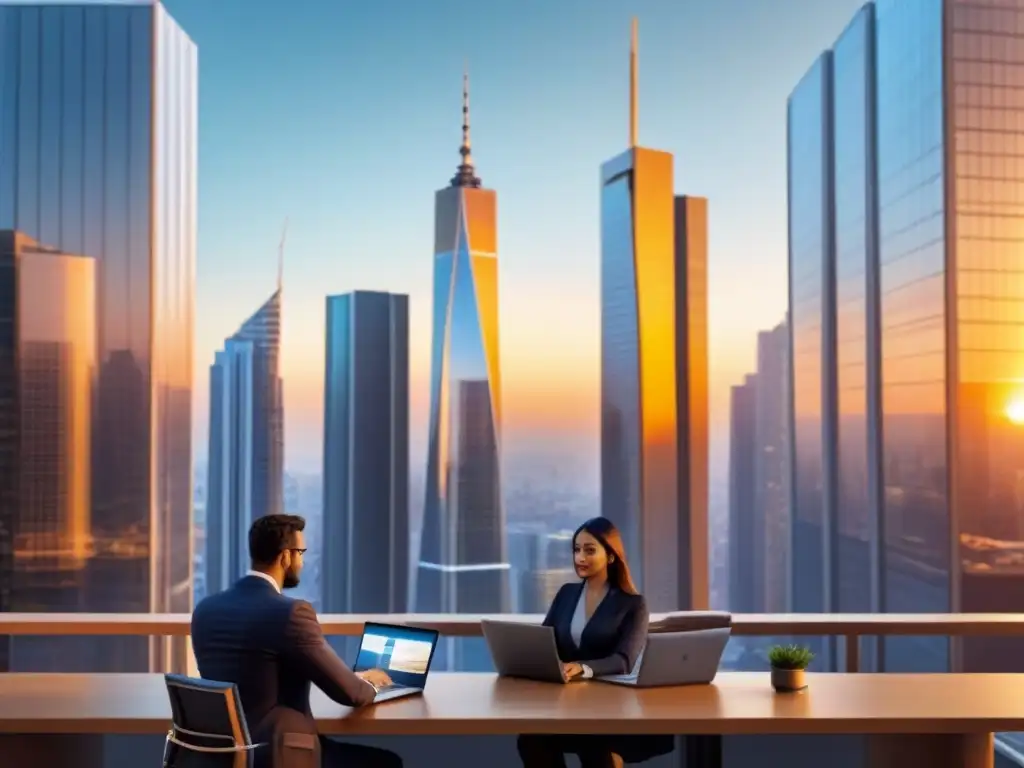 Skyline moderno al atardecer: innovación y colaboración Profesionales debatiendo frente a una metrópoli moderna al atardecer