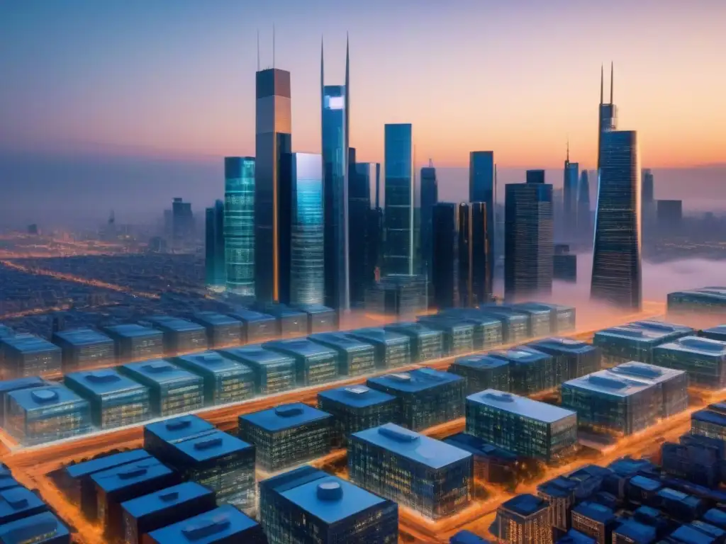 Metrópolis futurista: Valuación inmobiliaria avanzada al atardecer Profesionales en un futurista entorno urbano, utilizando herramientas de valoración inmobiliaria