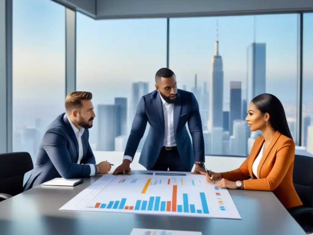 Profesionales analizan gráficos de crowdfunding inmobiliario Profesionales analizando gráficos financieros de crowdfunding inmobiliario en una oficina moderna