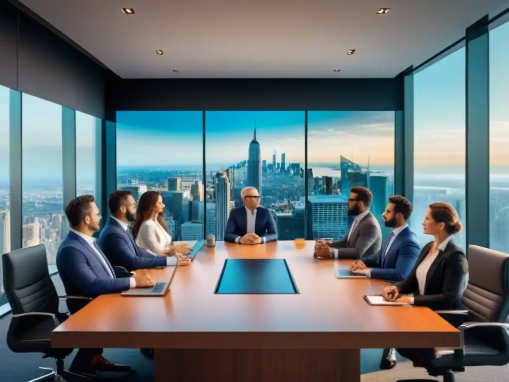 Junta estratégica en firma inmobiliaria con vista a la ciudad Profesionales analizan gráficos en una moderna sala de juntas con vista a la ciudad