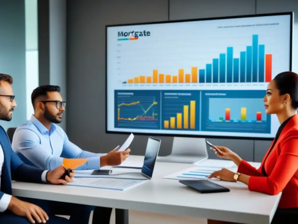 Profesionales analizan opciones de refinanciamiento en oficina moderna Profesionales analizando gráficos en oficina moderna