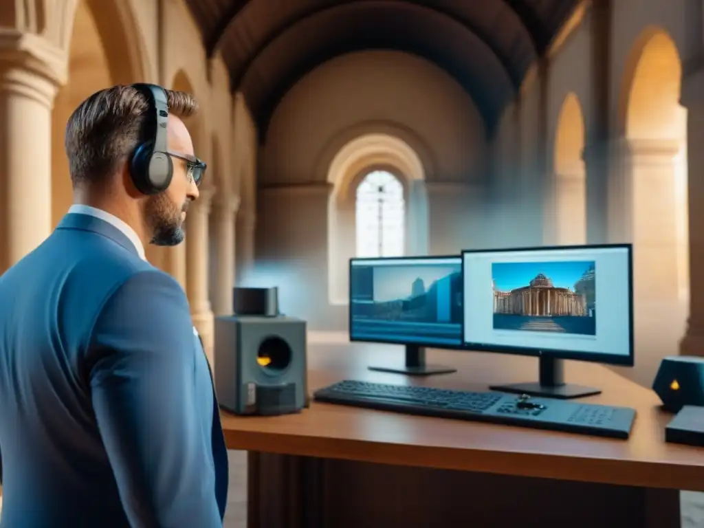 Escaneo digital de edificio histórico: fusión de arquitectura tradicional y tecnología avanzada Profesionales usando herramientas digitales para conservar edificios antiguos