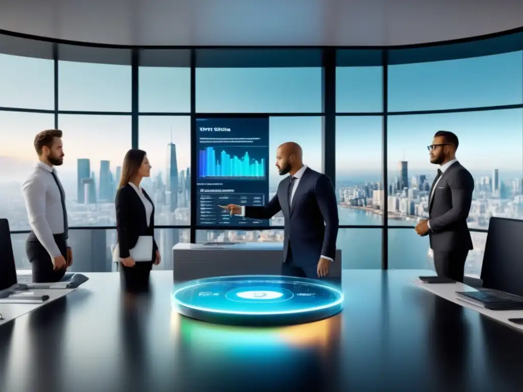 Profesionales en oficina futurista con herramientas de valoración inmobiliaria en tiempo real Profesionales usando herramientas de valoración de propiedades en tiempo real en una oficina moderna con vista a la ciudad
