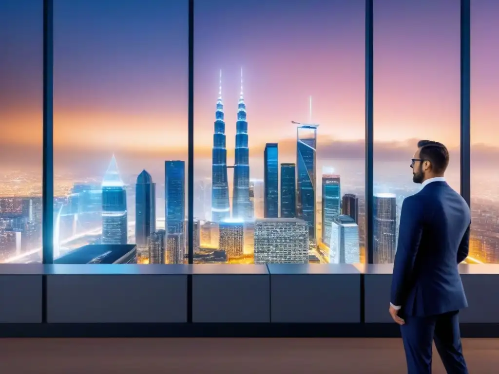 Valuación inmobiliaria futurista: herramientas de vanguardia en acción Profesionales usando herramientas de valoración de propiedades en tiempo real en una ciudad futurista