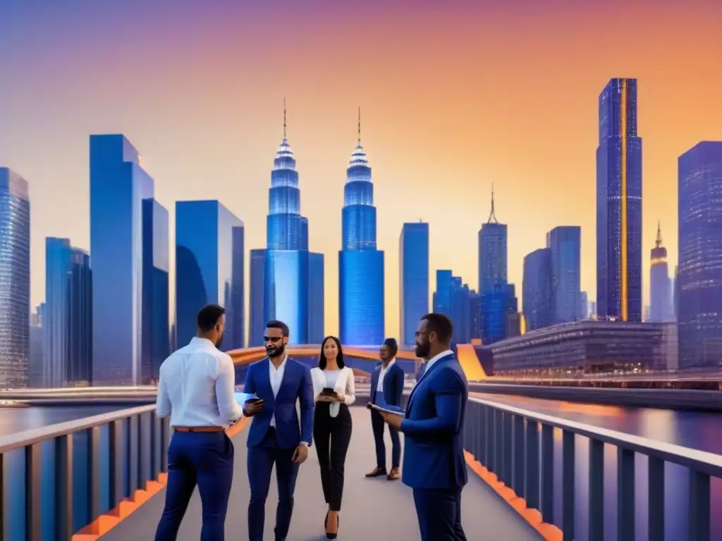 Profesionales innovadores en ciudad vibrante al atardecer Profesionales discutiendo ideas frente a modernos rascacielos en una ciudad vibrante al atardecer