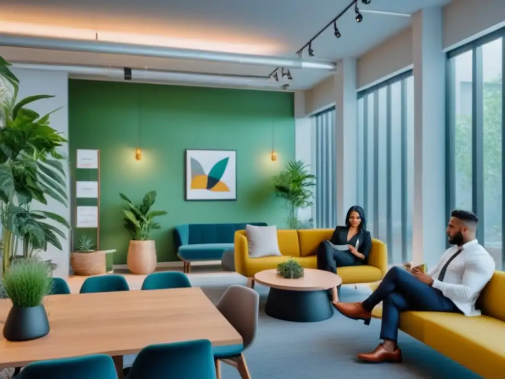 Espacio de coworking moderno y vibrante: networking en acción Profesionales intercambiando ideas y tarjetas en un coworking moderno y vibrante