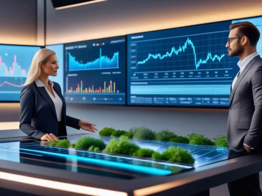 Analistas financieros y expertos en sostenibilidad colaborando en oficina futurista con hologramas y gráficos detallados Profesionales analizan impacto inversiones sostenibles en pantalla holográfica futurista