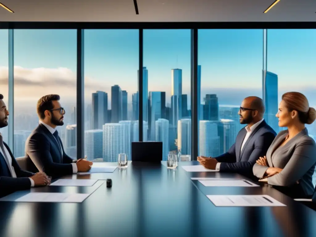 Profesionales debaten REITs en moderno boardroom Profesionales discuten la importancia de diversificar con REITs en moderna sala de juntas con vistas a la ciudad