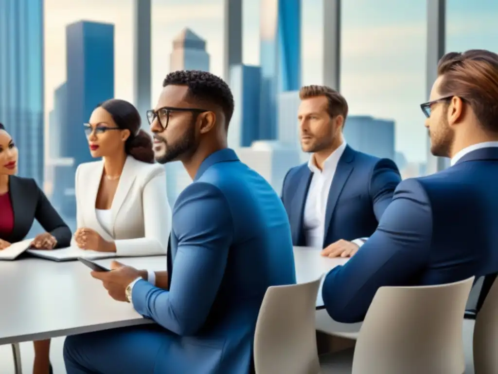 Profesionales financieros debaten sobre seguro hipotecario en la ciudad Profesionales discuten sobre la importancia de seguros hipotecarios en la inversión, rodeados de la ciudad financiera
