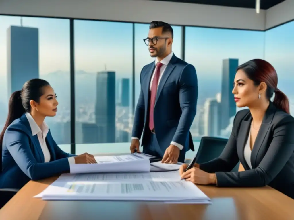 Profesionales discuten regulaciones fiscales en México Profesionales debatiendo impuestos locales propiedad México en oficina moderna