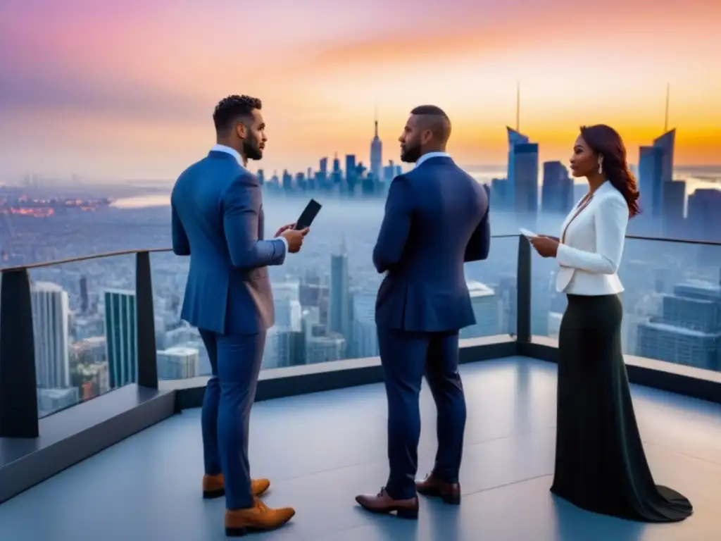 Evento de networking de lujo en la ciudad al atardecer Profesionales de la industria inmobiliaria en evento de networking de lujo en la azotea de la ciudad al atardecer, construyendo relaciones comerciales