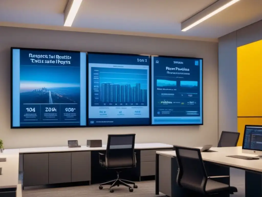 Oficina moderna con informes de valoración personalizados en pantalla Profesionales discuten informes de valoración personalizados, ambiente moderno y educativo