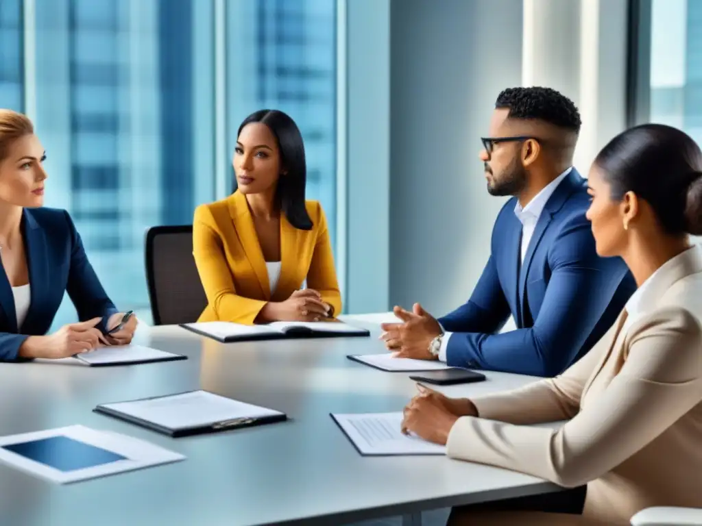 Mediación profesional en oficina moderna Profesionales en sesión de mediación inmobiliaria con ambiente moderno y elegante