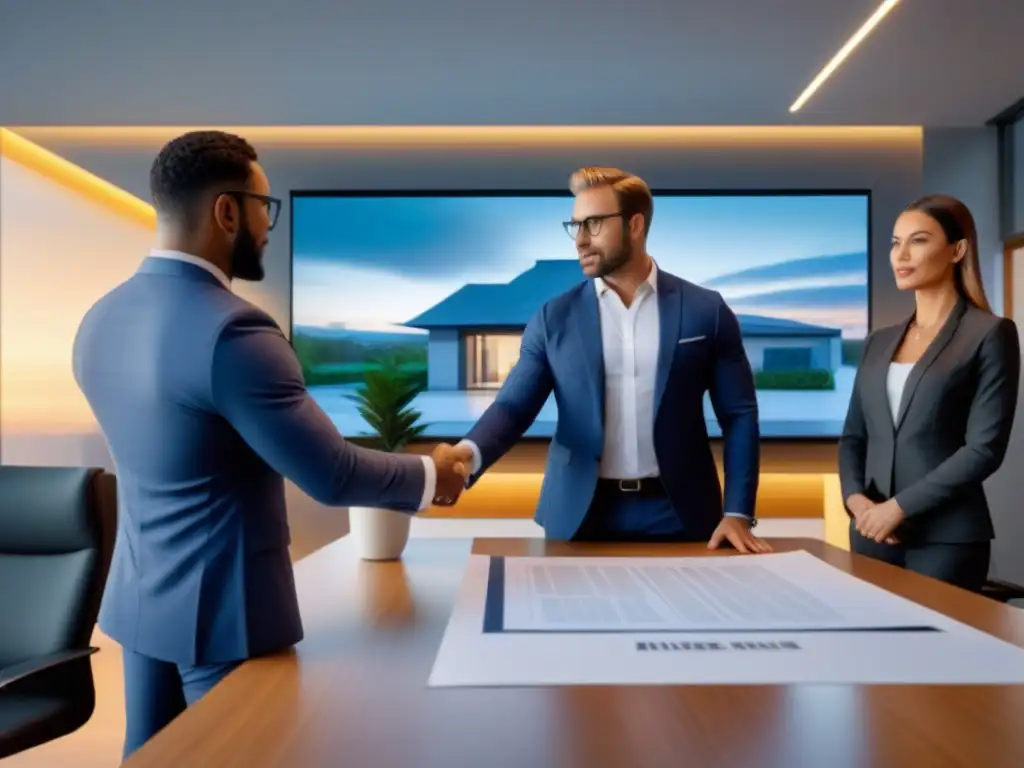 Profesionales negociando contrato inmobiliario en oficina moderna Profesionales en inmobiliaria discuten contrato en oficina moderna