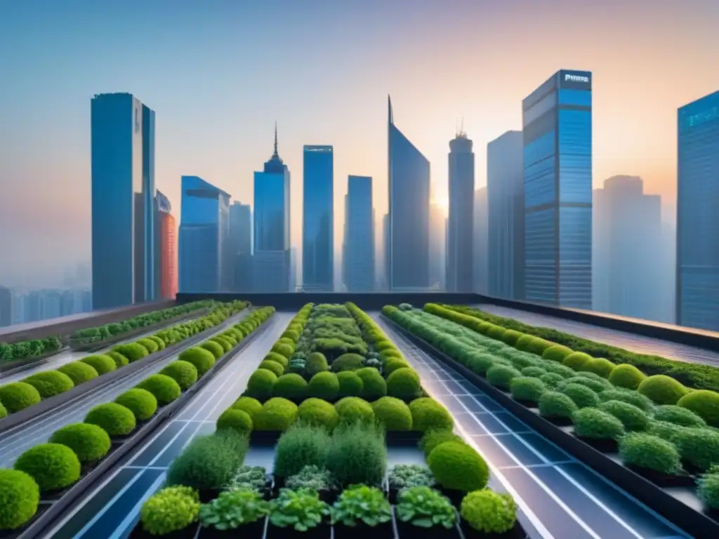 Skyline sostenible: debate ético en rascacielos verdes Profesionales debaten ética en inversión inmobiliaria sostenible en ciudad con rascacielos verdes al atardecer
