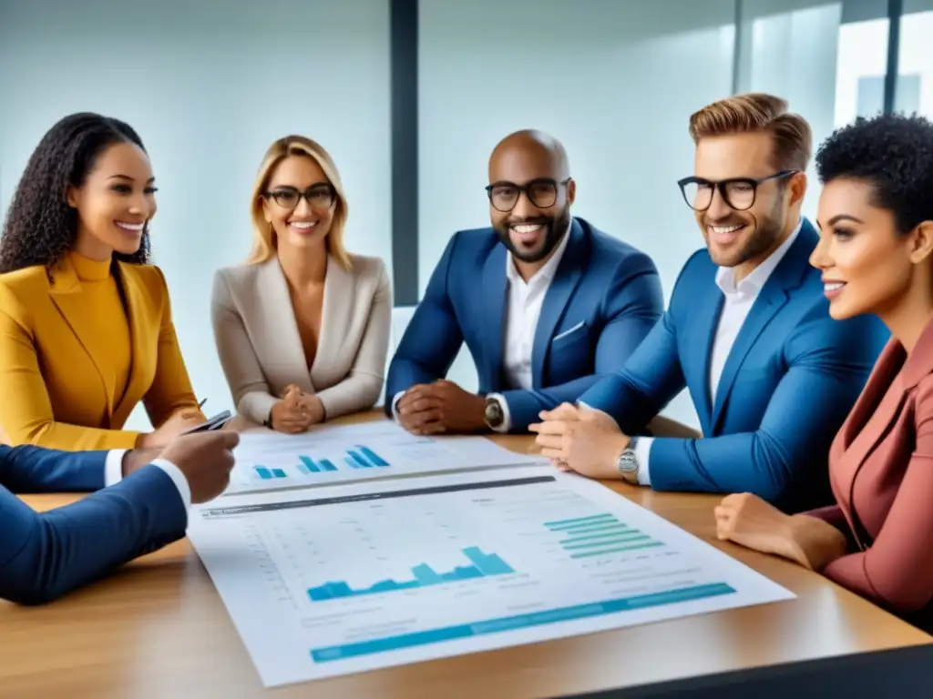 Profesionales inmobiliarios y compradores primerizos en reunión Profesionales inmobiliarios y compradores felices colaboran en la compra, rodeados de gráficos y calculadoras