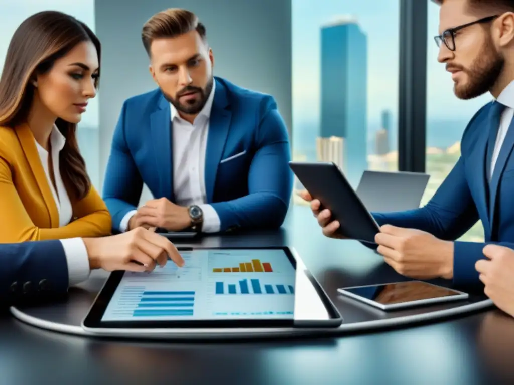 Agentes inmobiliarios innovando con criptomonedas Profesionales inmobiliarios analizan el impacto de las criptomonedas en el mercado, colaborando e innovando en una oficina moderna