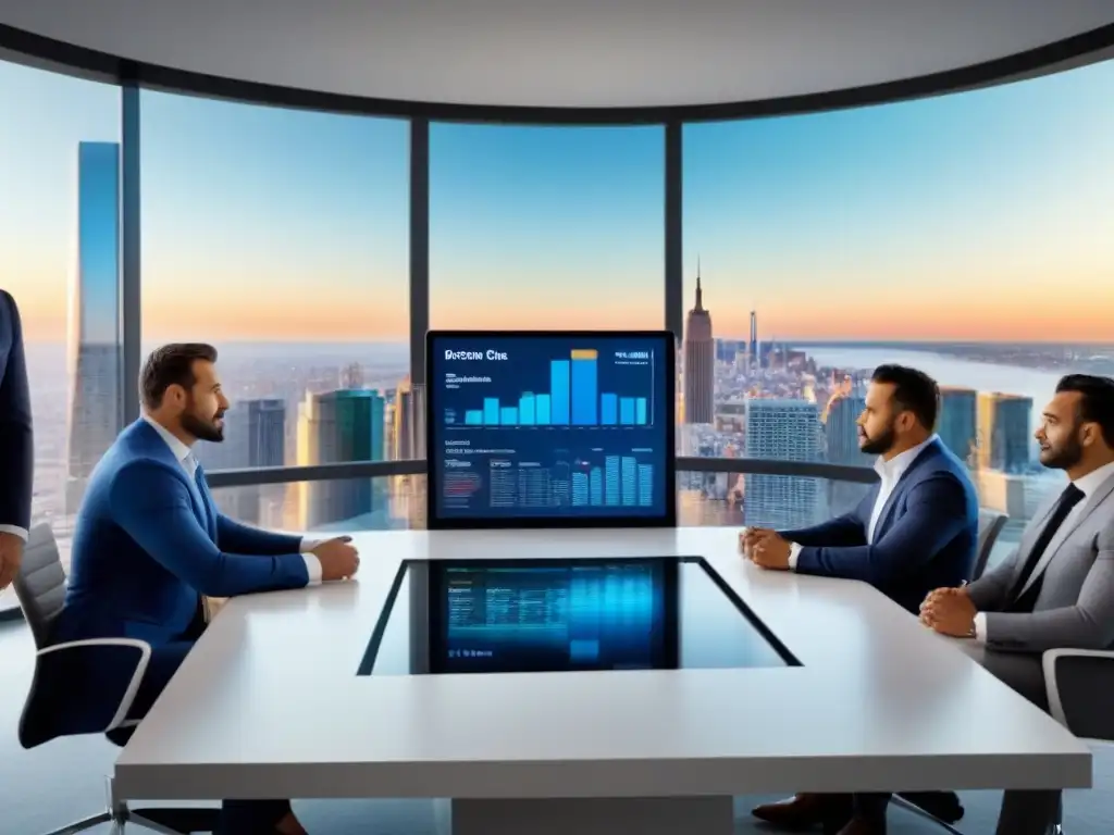 Profesionales inmobiliarios analizan informes de evaluación en sala moderna Profesionales inmobiliarios analizando informes de evaluación, con gráficos y pantallas interactivas