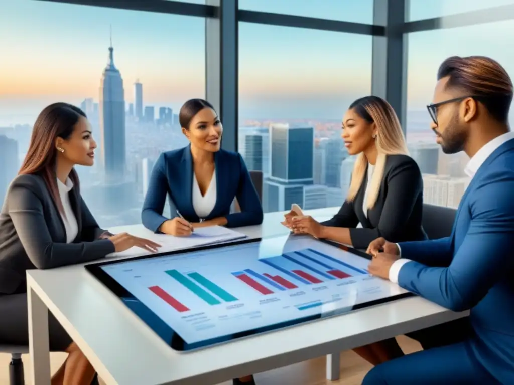 Profesionales inmobiliarios colaborando en evaluación de propiedades Profesionales inmobiliarios diversos discuten informes de tasación en una oficina moderna y luminosa