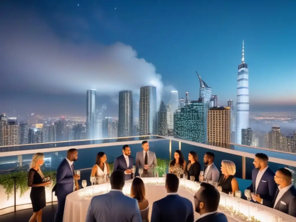 Evento de networking de lujo en azotea de la ciudad Profesionales inmobiliarios de lujo en evento de networking en azotea de ciudad moderna