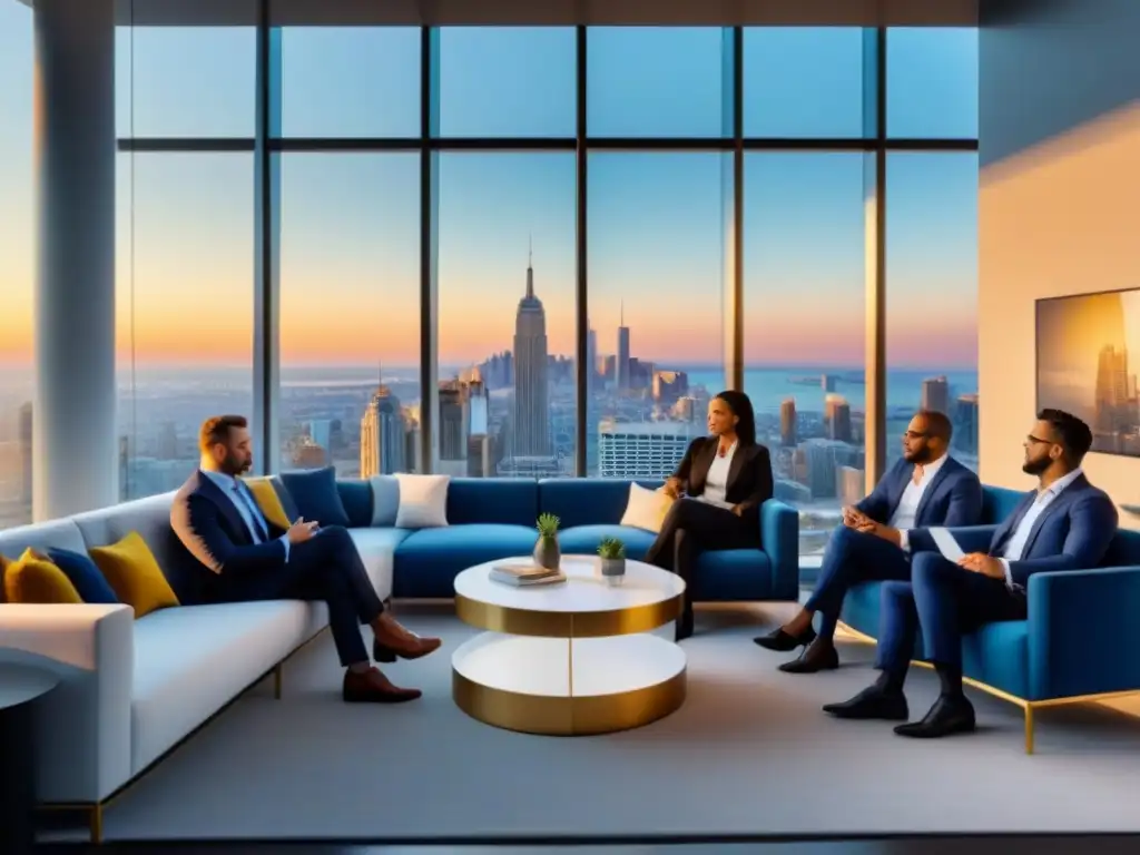Profesionales de alto nivel en sesión de networking en oficina de lujo Profesionales inmobiliarios de lujo en sesión de networking en oficina moderna y elegante al anochecer