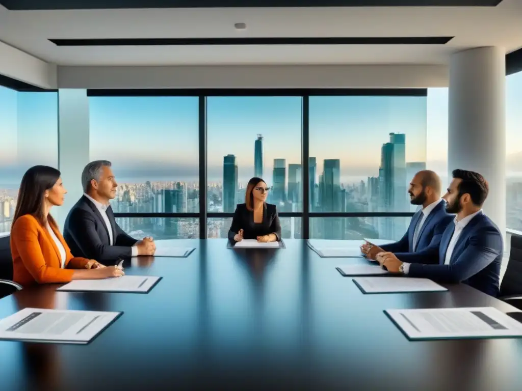 Profesionales inmobiliarios en Argentina: expertos en acción Profesionales inmobiliarios discutiendo normativas inmobiliarias Argentina actualizadas en moderna oficina de Buenos Aires