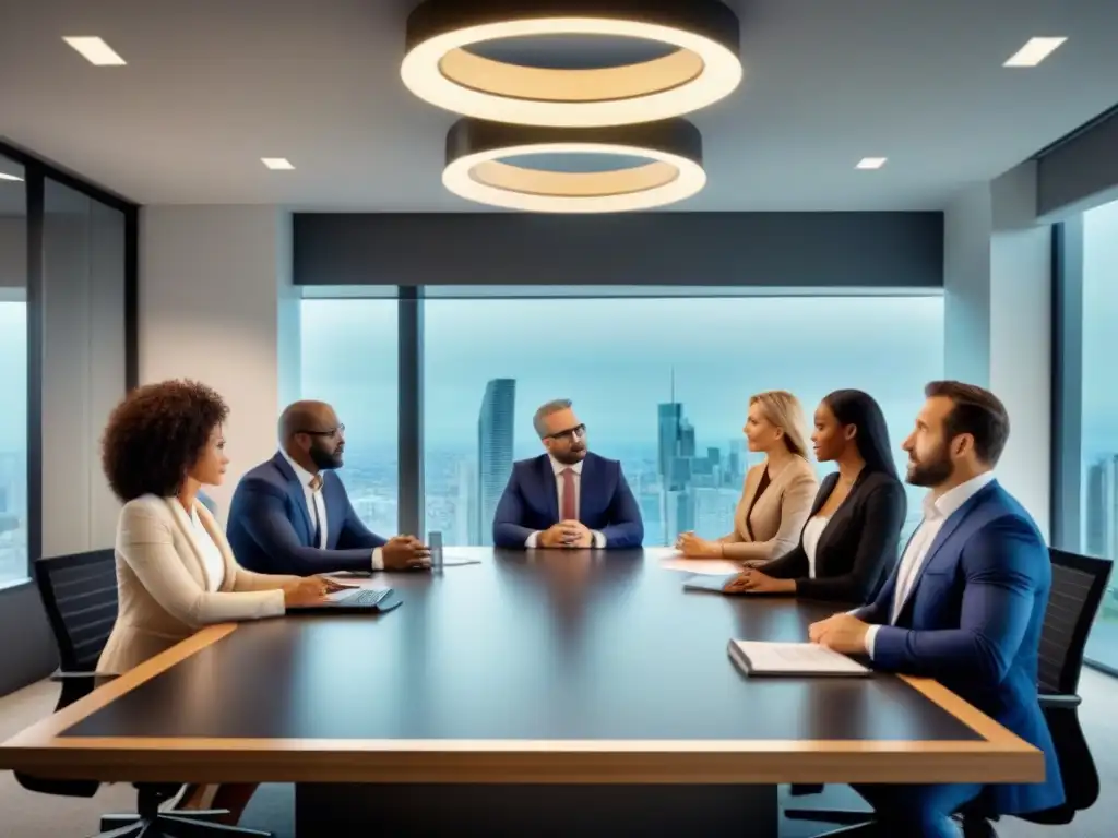 Profesionales inmobiliarios en discusión ética Profesionales inmobiliarios discuten ética en una oficina moderna