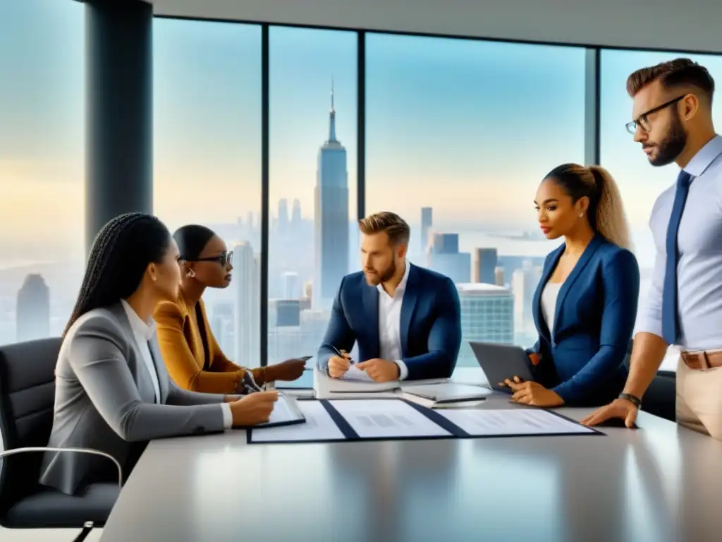 Profesionales inmobiliarios discuten regulaciones urbanísticas en moderna oficina Profesionales inmobiliarios discuten regulaciones zonificación en moderna oficina