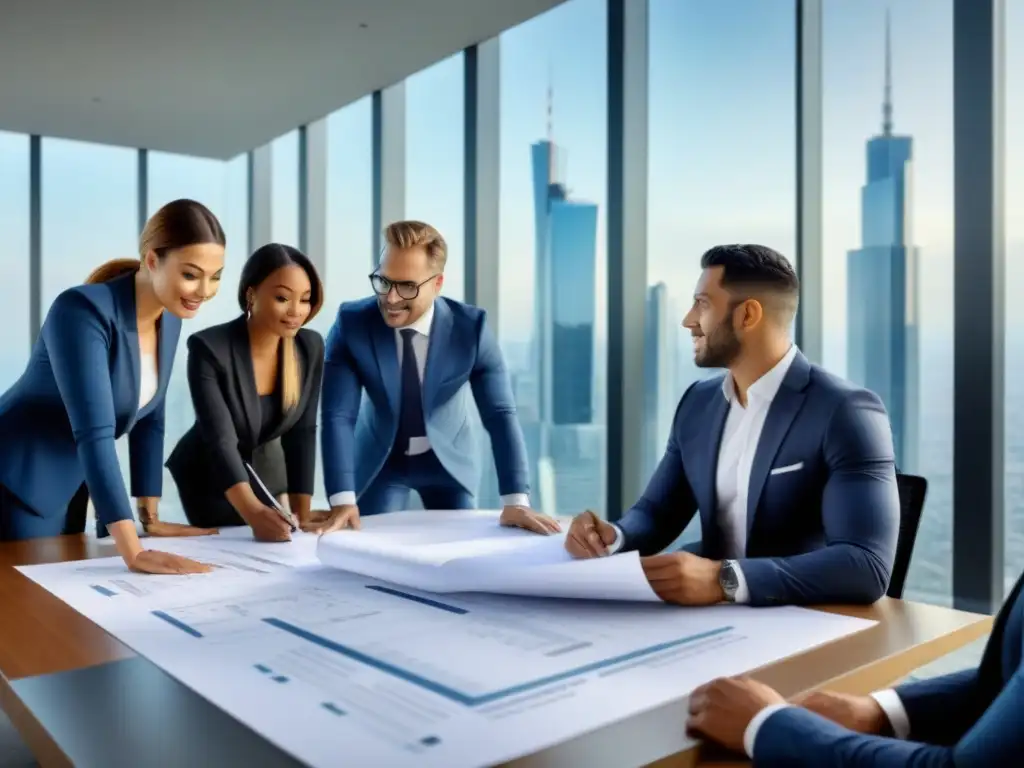 Profesionales inmobiliarios estratégicos en acción Diversos profesionales inmobiliarios colaboran para minimizar riesgo inversión inmobiliaria en una sala moderna con vista panorámica a la ciudad