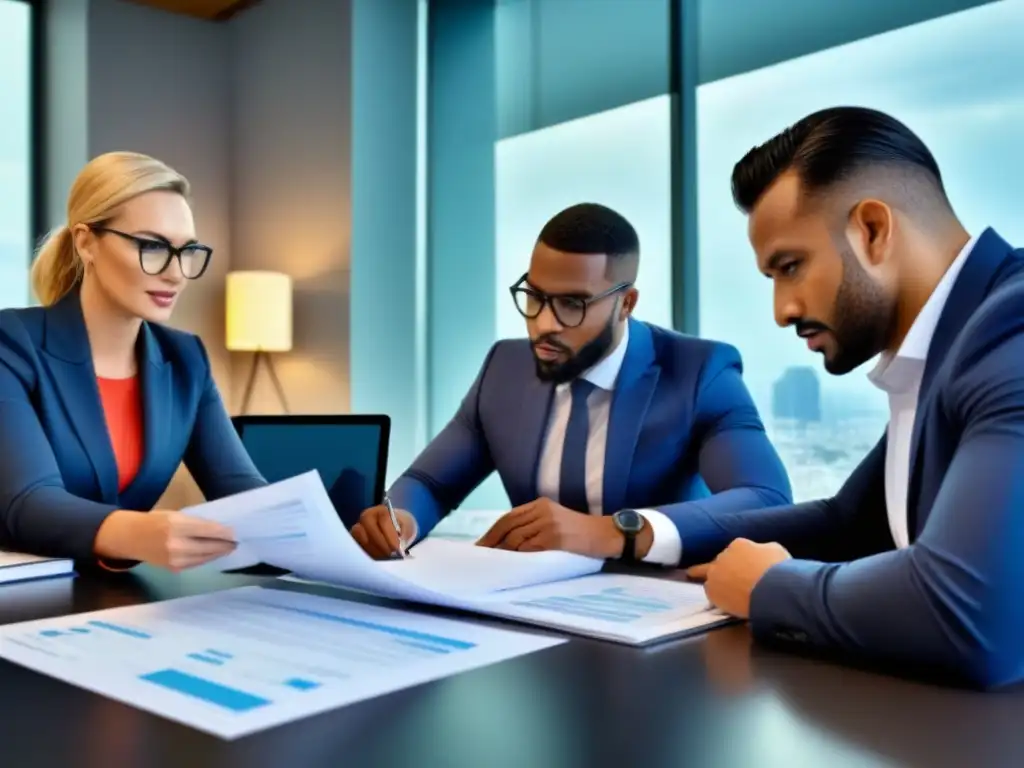 Profesionales inmobiliarios exitosos en reunión estratégica Profesionales inmobiliarios preparando subasta, revisando documentos y estrategias en moderna oficina