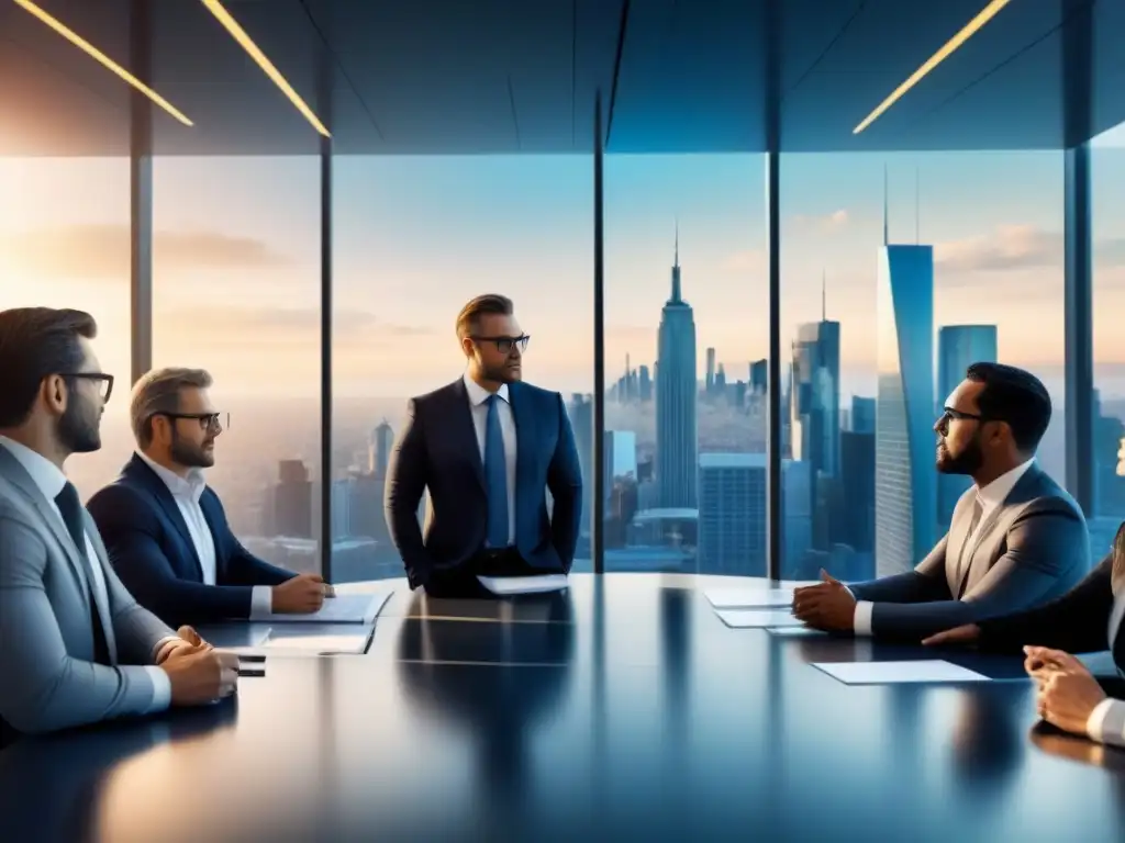 Profesionales estratégicos: gestión de riesgos en inversión inmobiliaria Profesionales en intensa reunión de gestión de riesgos inversión propiedades comerciales en sala de juntas futurista