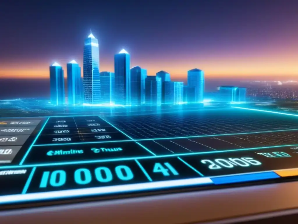 Tour virtual 3D de inversión inmobiliaria en línea con tecnología futurista Profesionales interactúan con interfaz digital futurista mostrando tendencias inversión inmobiliaria online