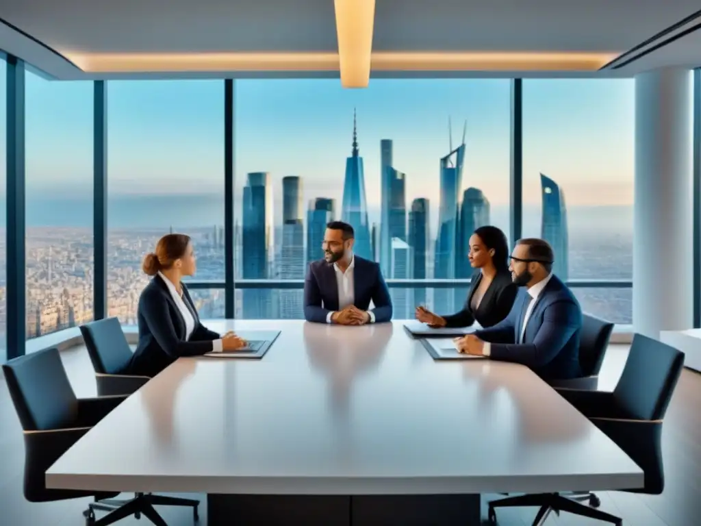 Profesionales diversificados debatiendo estrategias inmobiliarias en boardroom europeo de vanguardia Profesionales internacionales debaten estrategias de inversión inmobiliaria en moderna sala de juntas con skyline europeo