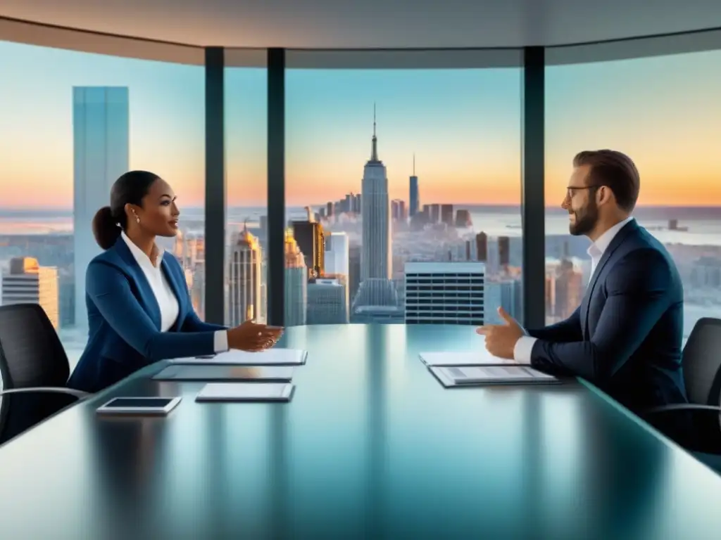 Profesionales de la inversión inmobiliaria en acción Profesionales colaborando en inversión inmobiliaria: discuten datos en pantalla digital, con vista a la ciudad