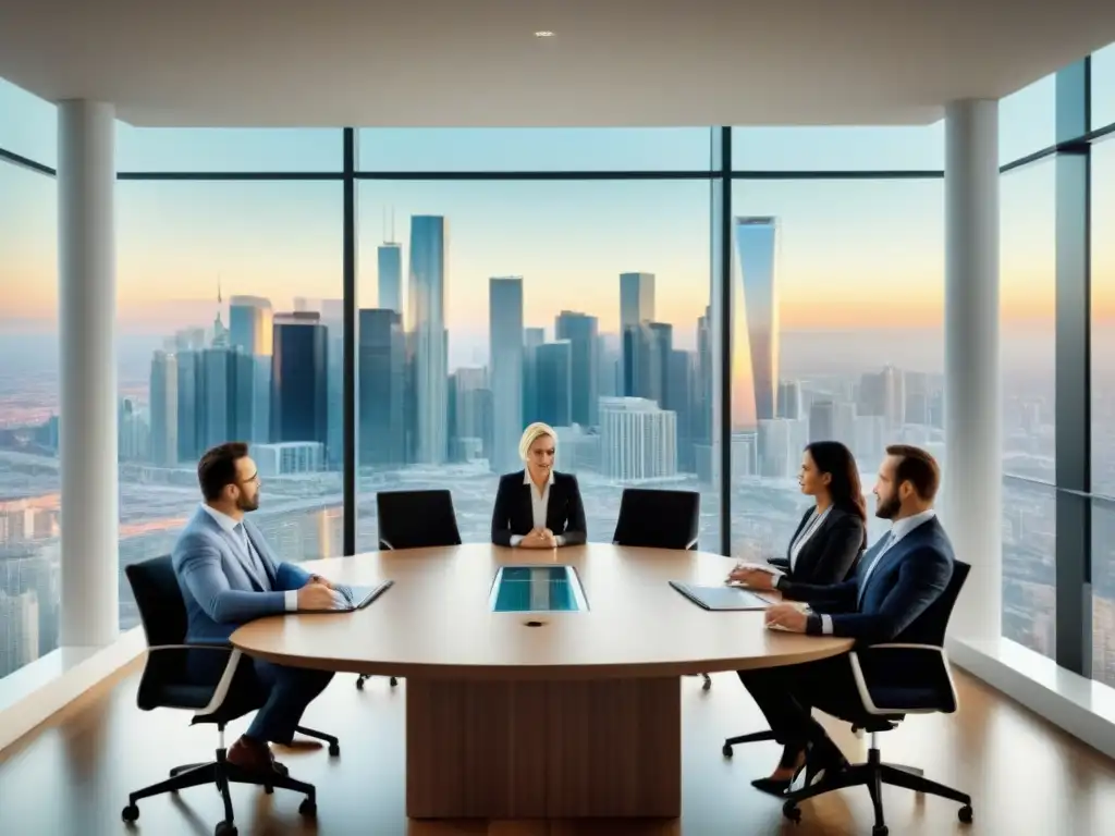 Inversionistas inmobiliarios analizan datos en sala moderna Profesionales de inversión inmobiliaria analizan portafolios en sala moderna con vista panorámica de ciudad