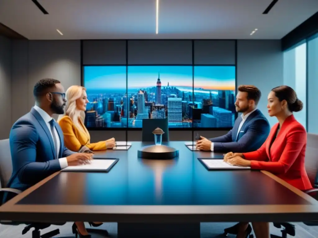 Profesionales inmobiliarios en reunión futurista de expertos Profesionales debatiendo sobre inversión inmobiliaria en sala futurista