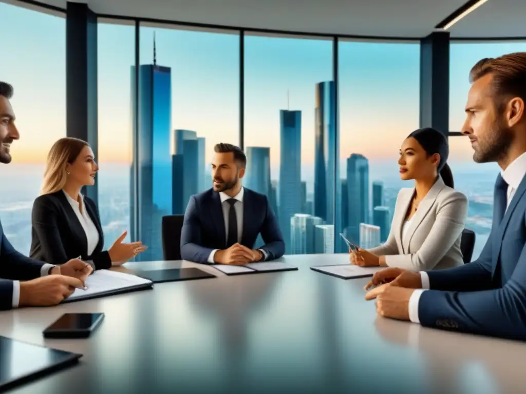 Profesionales en debate: Inversiones inmobiliarias internacionales Profesionales debaten inversiones inmobiliarias internacionales, desmintiendo mitos en oficina moderna con vista a la ciudad