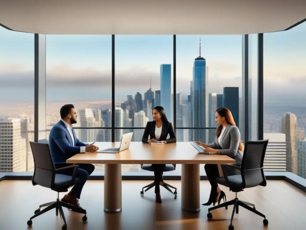 Reunión de profesionales diversa planificando inversiones inmobiliarias Profesionales analizan inversiones inmobiliarias en moderna sala de reuniones con vista panorámica a la ciudad