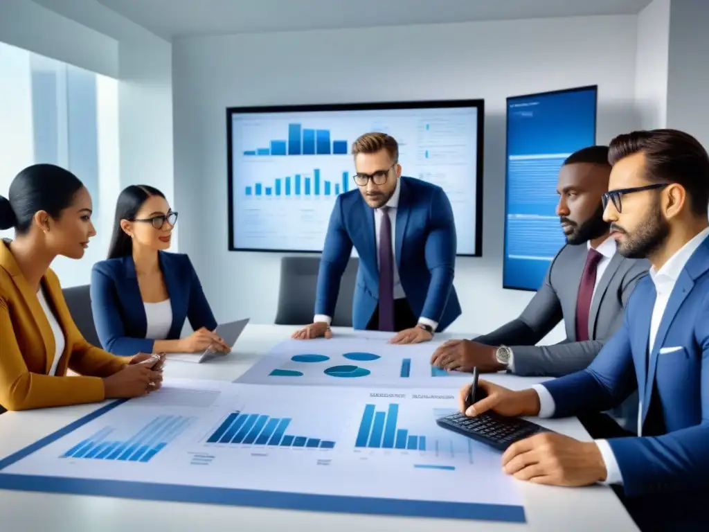 Profesionales diversos en reunión estratégica: real estate 8k Profesionales diversos discuten sobre inversiones inmobiliarias en una oficina moderna y luminosa