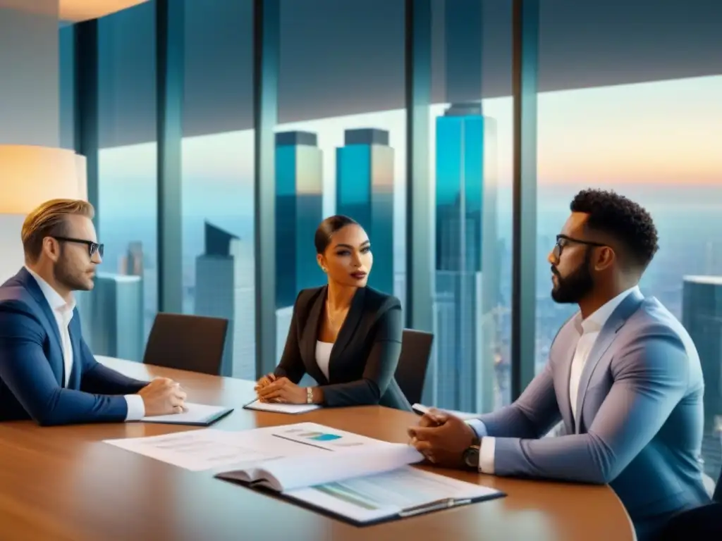 Profesionales analizan inversiones inmobiliarias en moderno boardroom Profesionales analizando inversiones inmobiliarias en una sala de juntas moderna y luminosa con vista a la ciudad