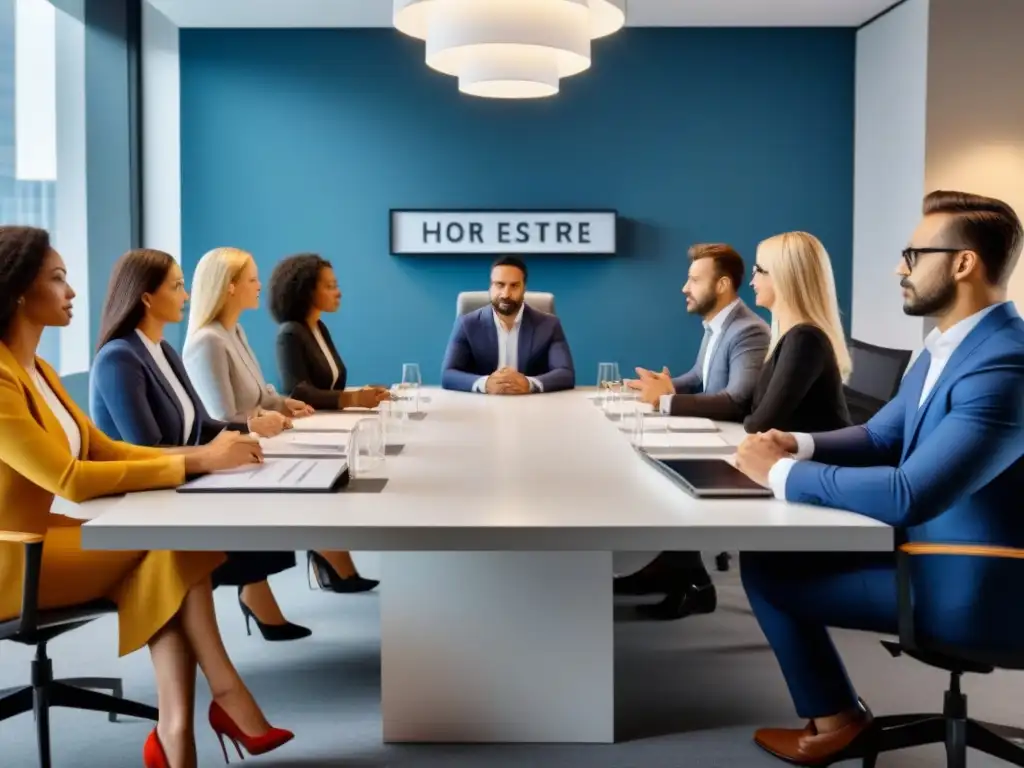 Profesionales debatiendo en moderna oficina de inversión inmobiliaria Profesionales de ley e inversión en Crowdfunding inmobiliario colaboran en elegante oficina