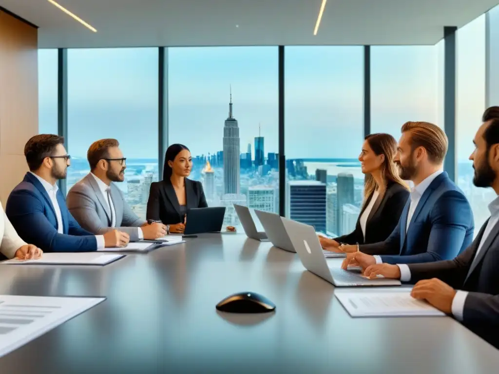 Profesionales debaten leyes de conservación inmobiliaria en moderna oficina Profesionales debaten leyes conservación inmobiliaria 2023 en moderna oficina con vista a la ciudad