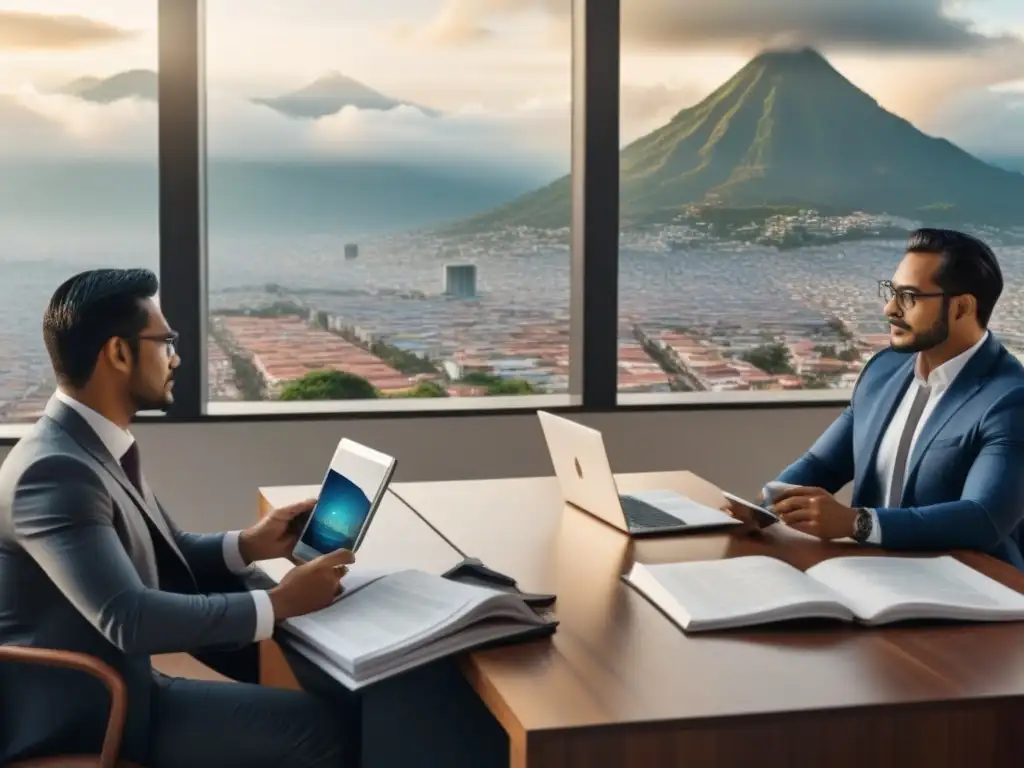 Profesionales debatiendo leyes inmobiliarias en Guatemala Profesionales debaten leyes de inversión inmobiliaria en Guatemala, rodeados de libros y dispositivos digitales