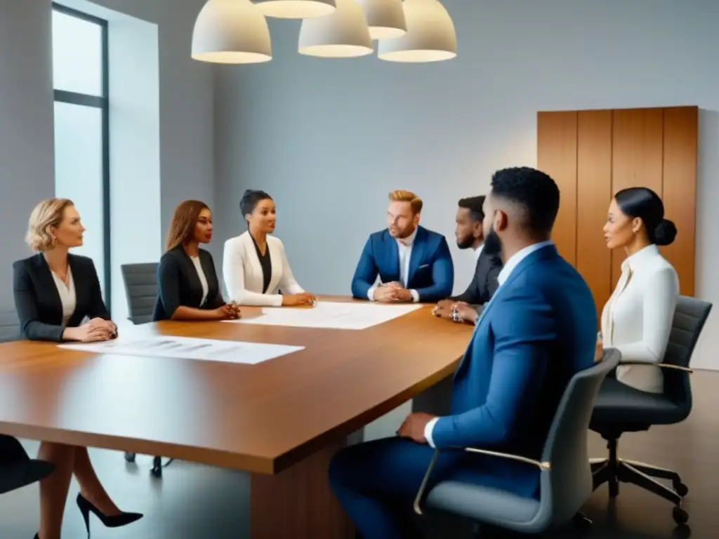 Profesionales en reunión: colaboración en restauración inmobiliaria Profesionales discutiendo líneas de crédito para restauración en una oficina moderna y luminosa