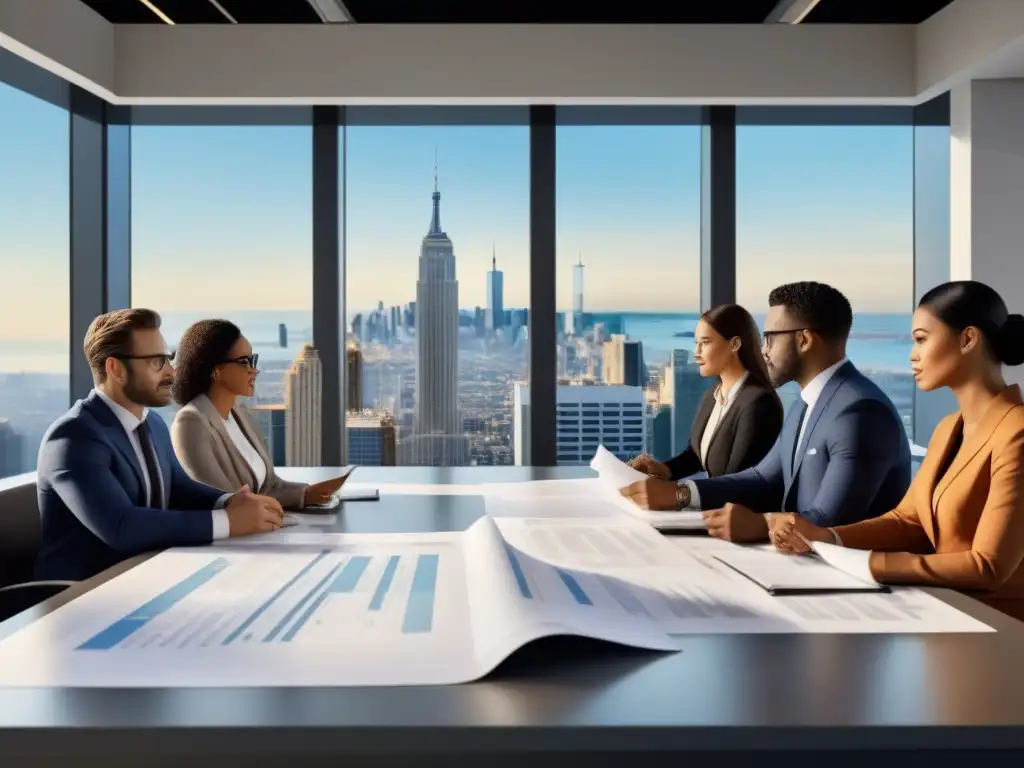 Reunión de expertos en inversión inmobiliaria en oficina moderna Profesionales discuten legislación local para inversión inmobiliaria en oficina contemporánea